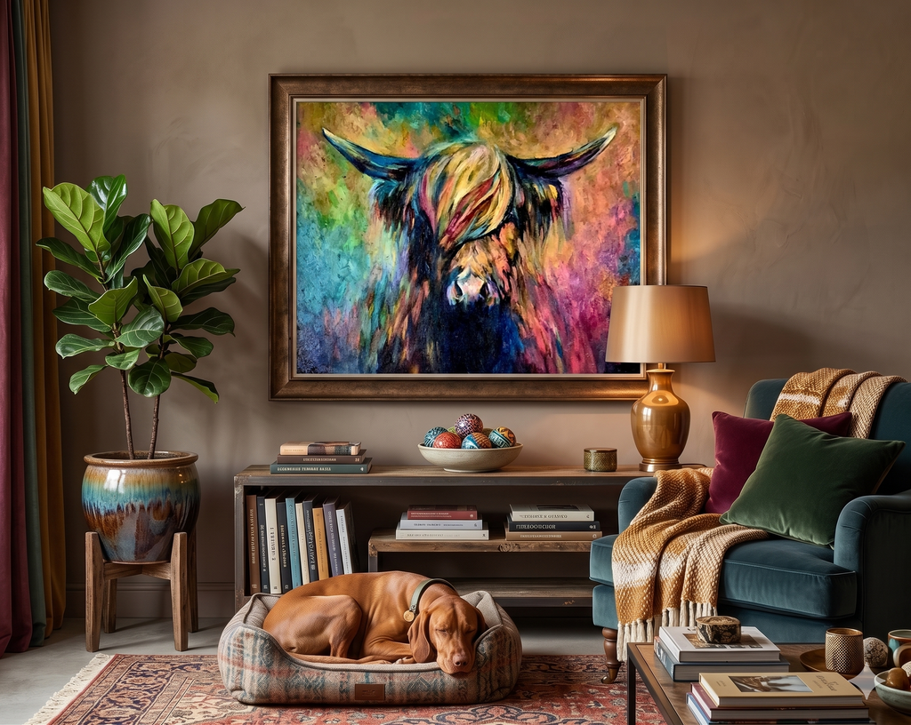 Living room with a colorful cow painting, dog on a bed, and books.