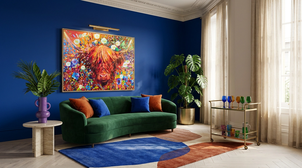 Modern living room with a green sofa, colorful floral highland cow painting, and decorative items.
