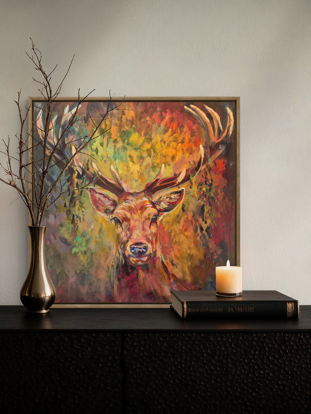 original stag deer painting by susan gardner in an old english country house  setting, on a helf with a candle