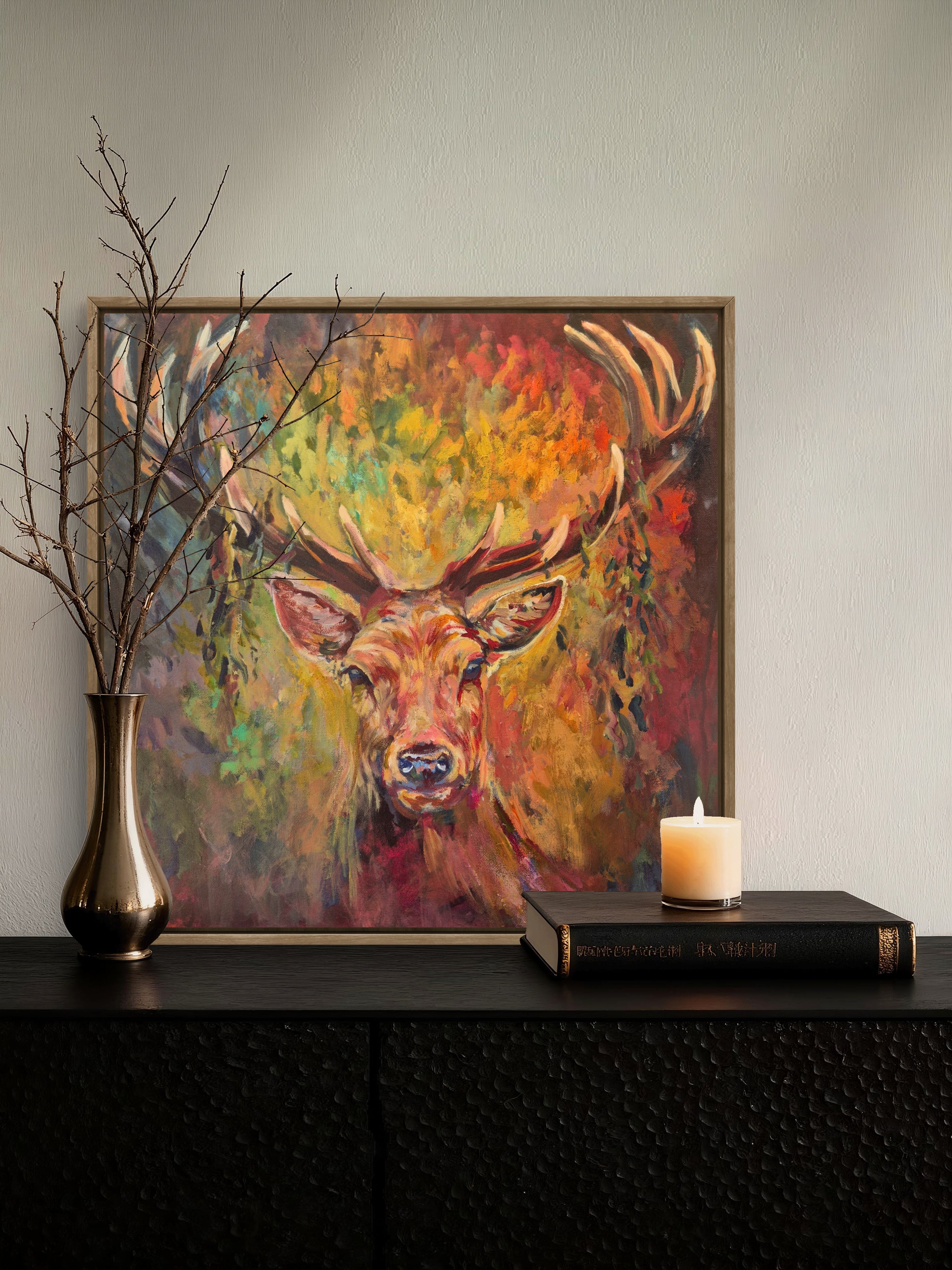 original stag deer painting by susan gardner in an old english country house  setting, on a helf with a candle