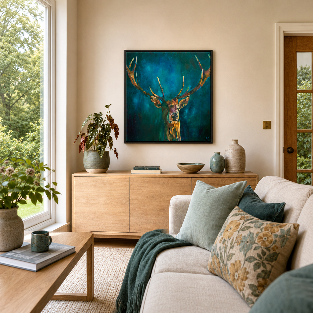A framed square canvas print of a deer head with antlers on a dark blue background, displayed on a beige wall above a wooden sideboard in a styled living room.