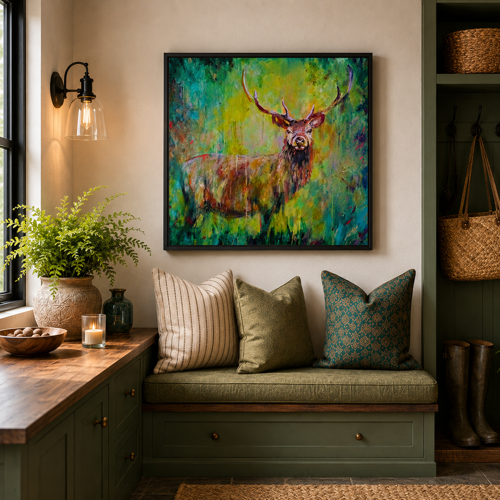 A framed colorful painting of a deer with large antlers hangs on a beige wall above a green bench with three decorative pillows in a styled room setting.