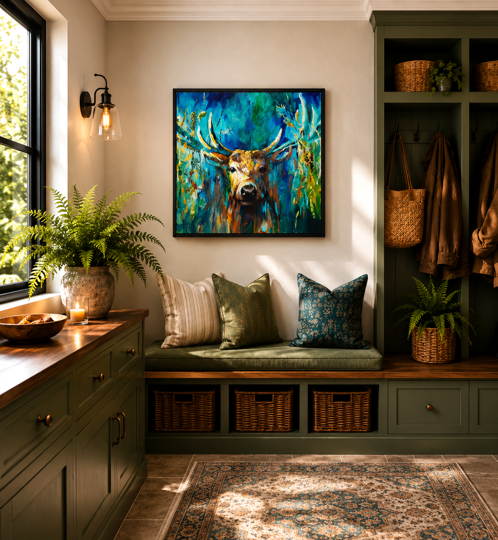 A colorful framed painting of a deer with large antlers hangs on a wall in a styled entryway. The room features a built-in bench with green cushions and wicker baskets, a window with a potted fern, and shelving with coats and bags.