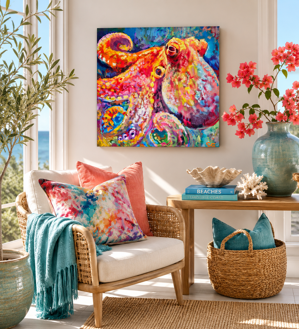 Colorful living room with a wicker chair, decorative pillows, and a large octopus painting on the wall.