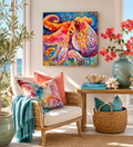 Colorful living room with a wicker chair, decorative pillows, and a large octopus painting on the wall.