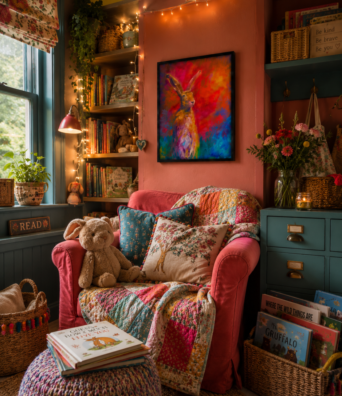 Cozy reading nook with a colorful armchair, childrens books, and a vibrant painting on the wall