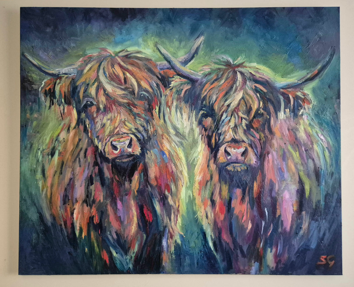 Dream Team by Susan Gardner, an original painting of two Highland cows.