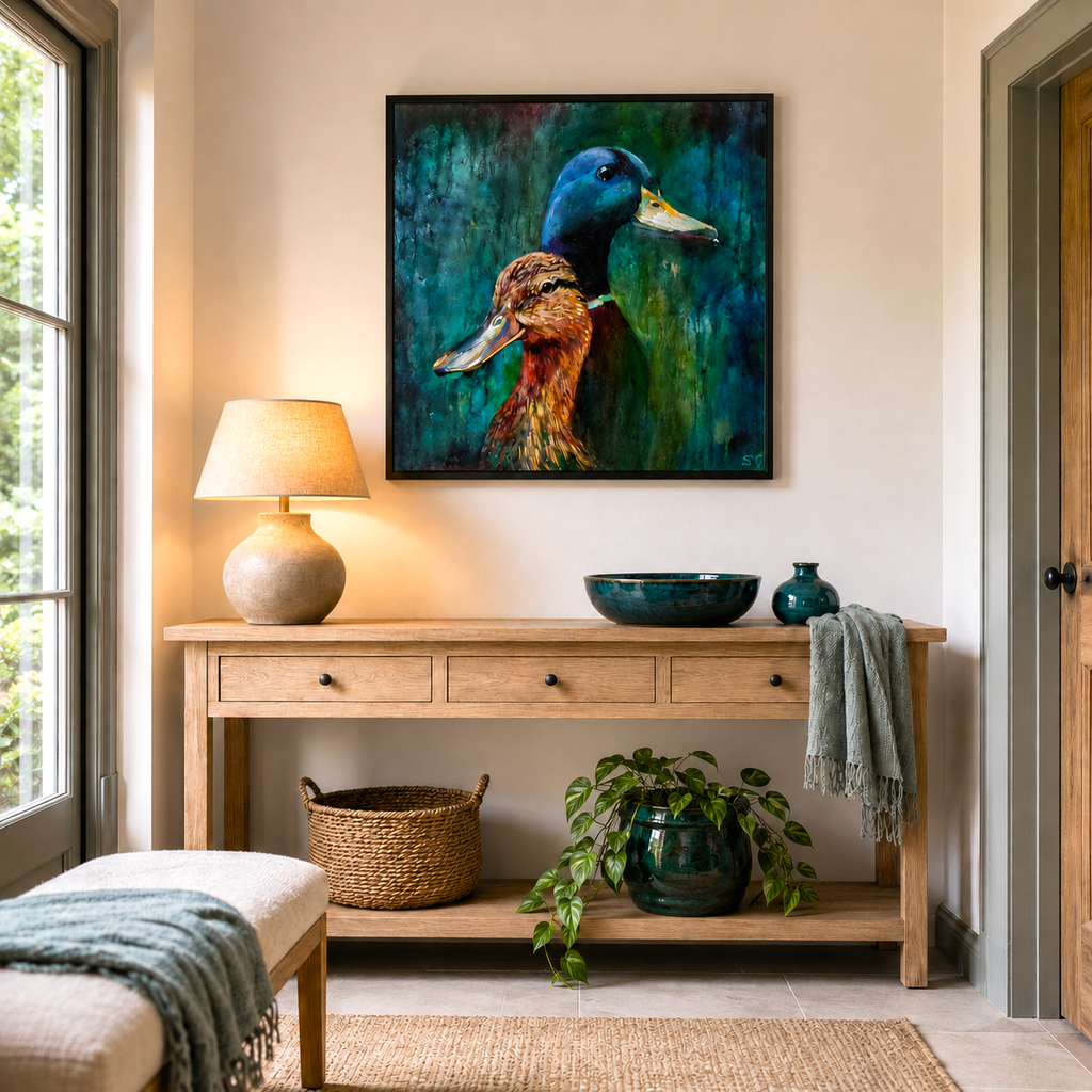 A framed vertical canvas painting of two ducks hanging on a beige wall above a light wood console table in a styled home interior.