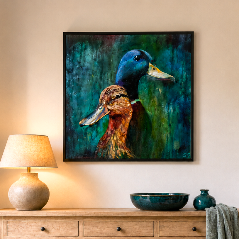 A framed square canvas painting of two ducks hanging on a beige wall above a wooden console table with a lamp, bowl, and vase.