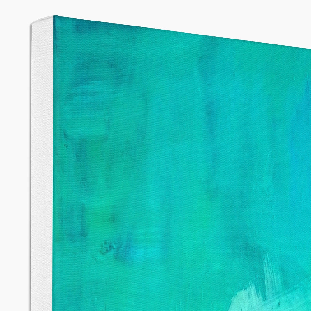 Abstract canvas wall art featuring textured turquoise, teal, and aqua brushstrokes with a visible white gallery-wrapped edge on the left, shown against a plain white background.