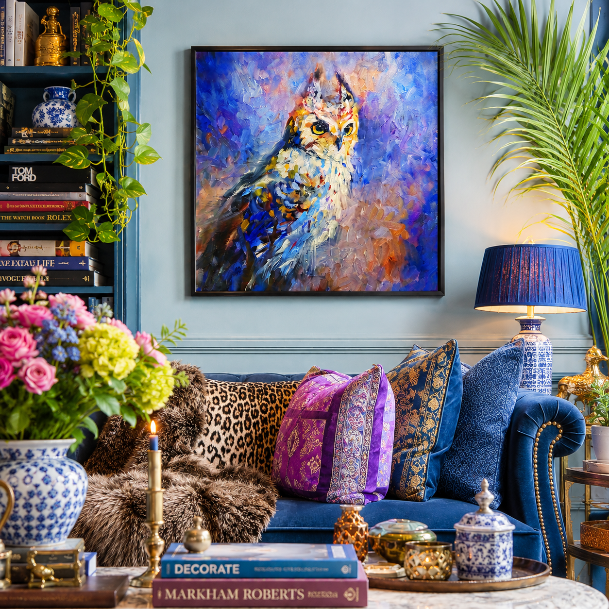 Decorative living room with a blue sofa, colorful pillows, and a painting of an owl on the wall.
