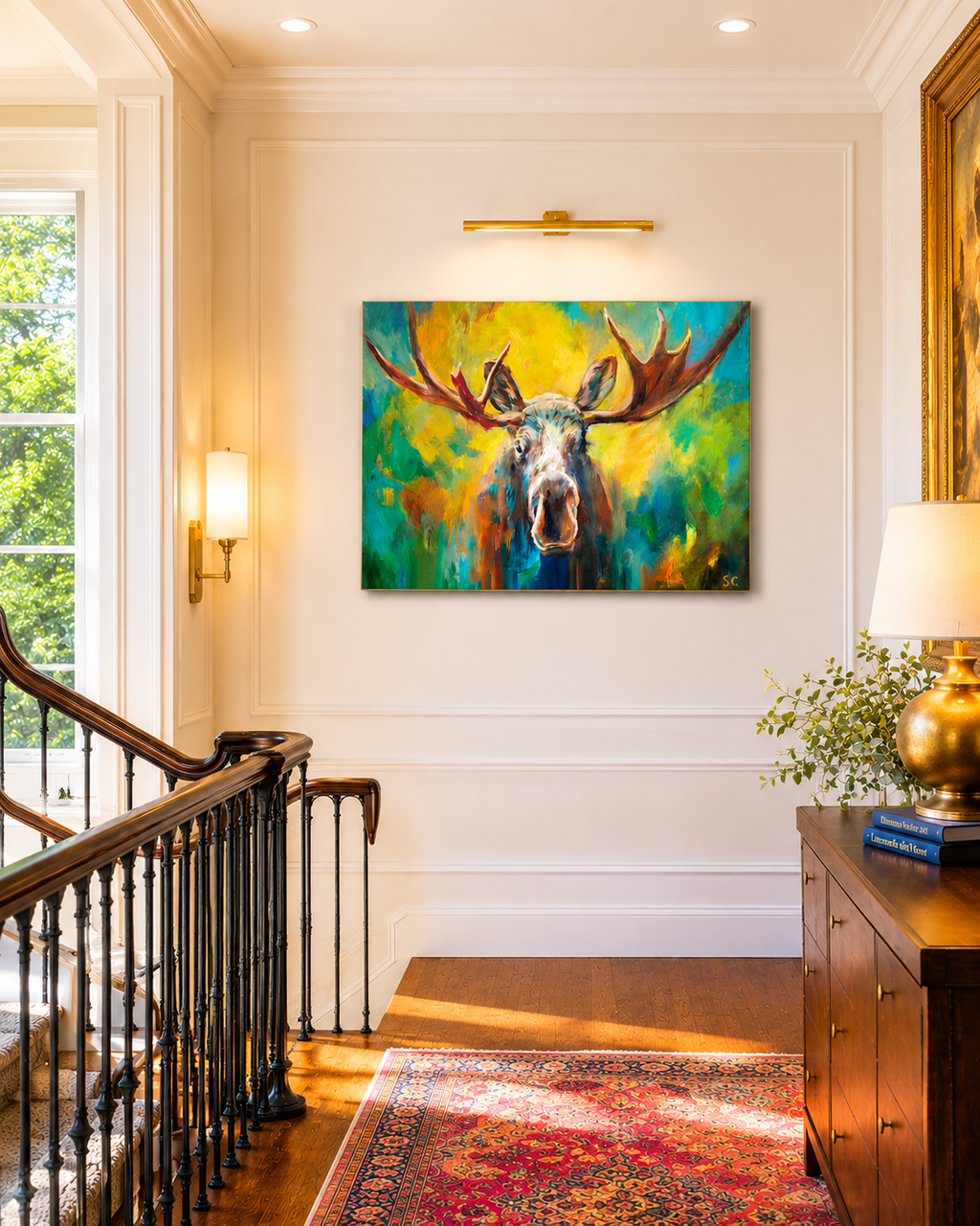 Foyer with a colorful painting of a moose on the wall, wooden staircase, and lamp.