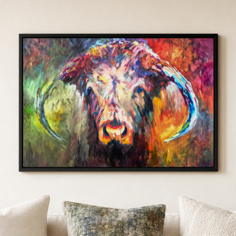 english longhorn portrait framed canvas art  hanging on a beige wall above a sofa with pillows.
