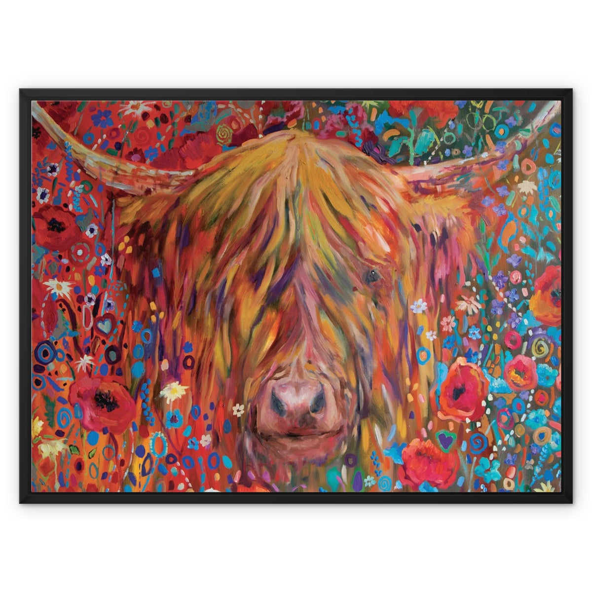 Poppy Cow Framed Canvas - - susan gardner - uk artist - colourful animal art