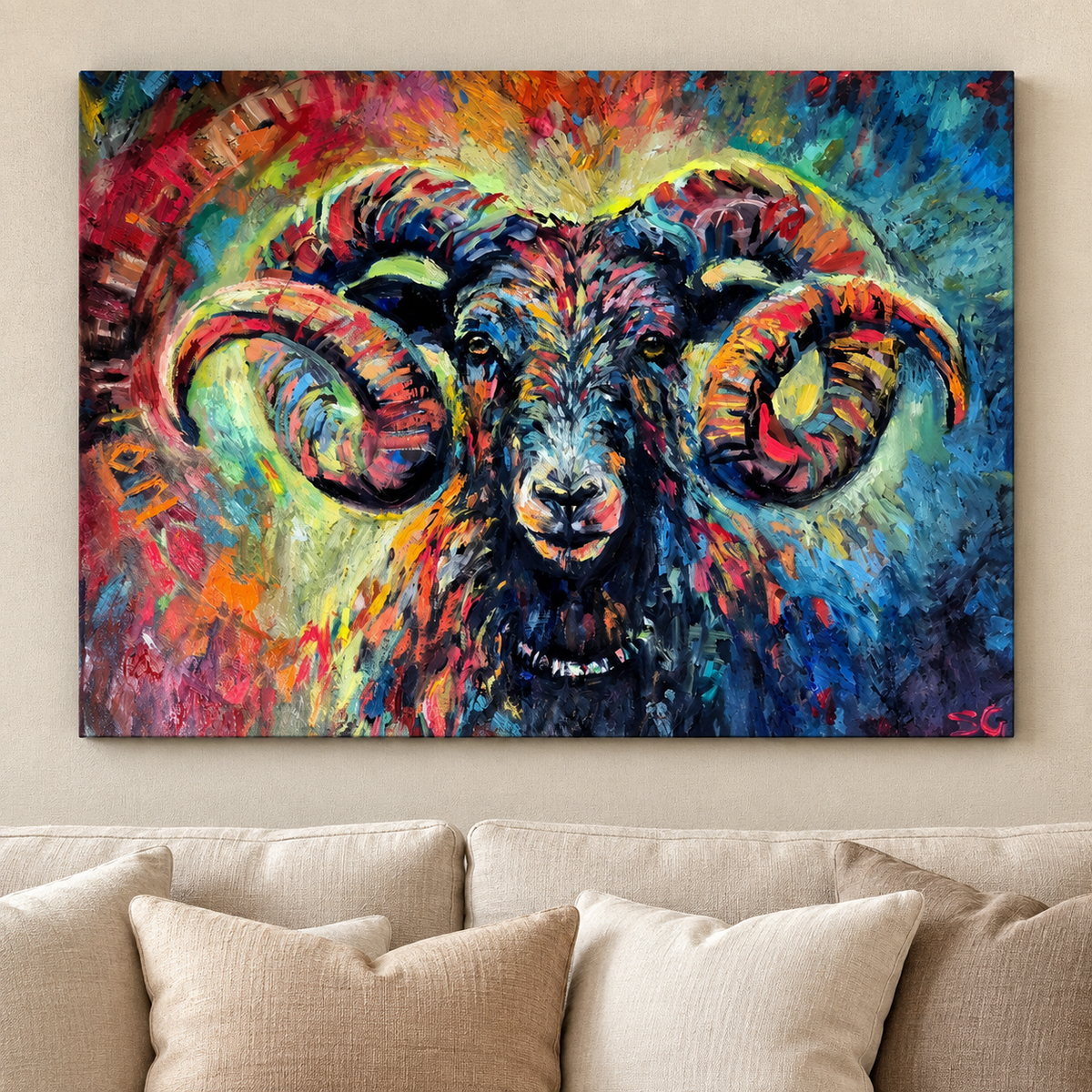 Ironside ram painting shown as a canvas print in a room setting.