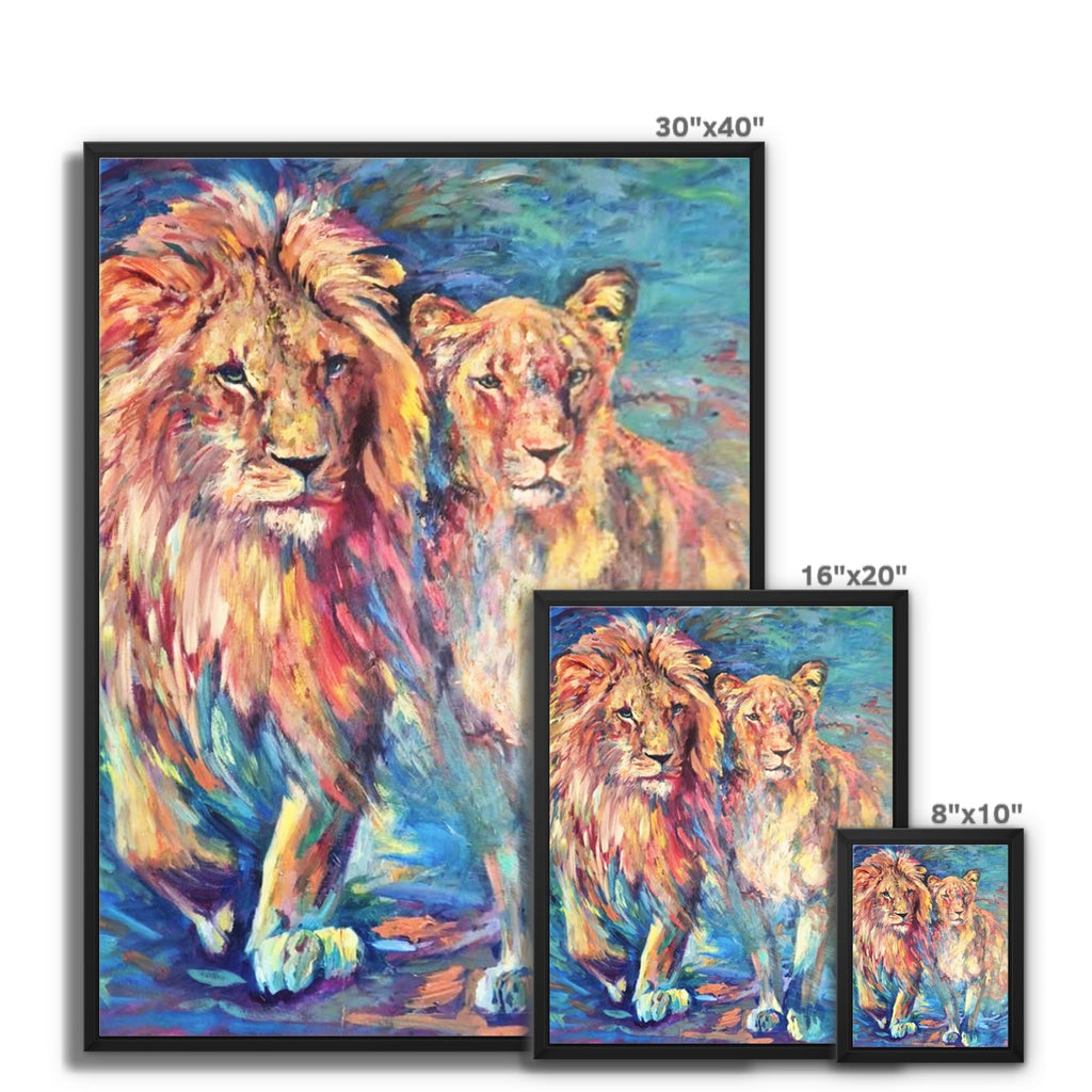 Three framed lion painting prints shown in different sizes: 30x40, 16x20, and 8x10 inches. The artwork depicts a colorful lion and lioness scene with expressive brushstrokes in blue, orange, yellow, pink, and purple.