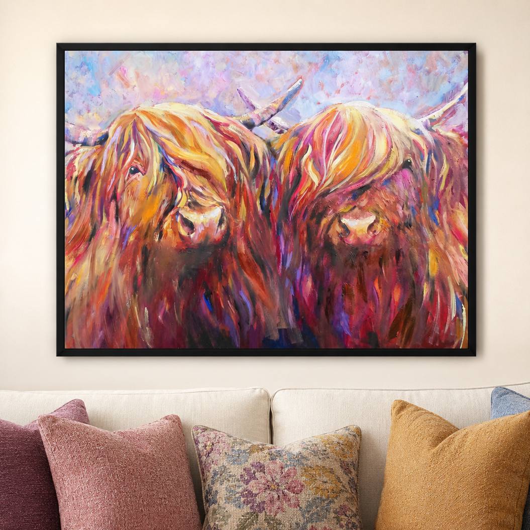 Fiddich and Spey  - Highland Cow Pair Framed Canvas
