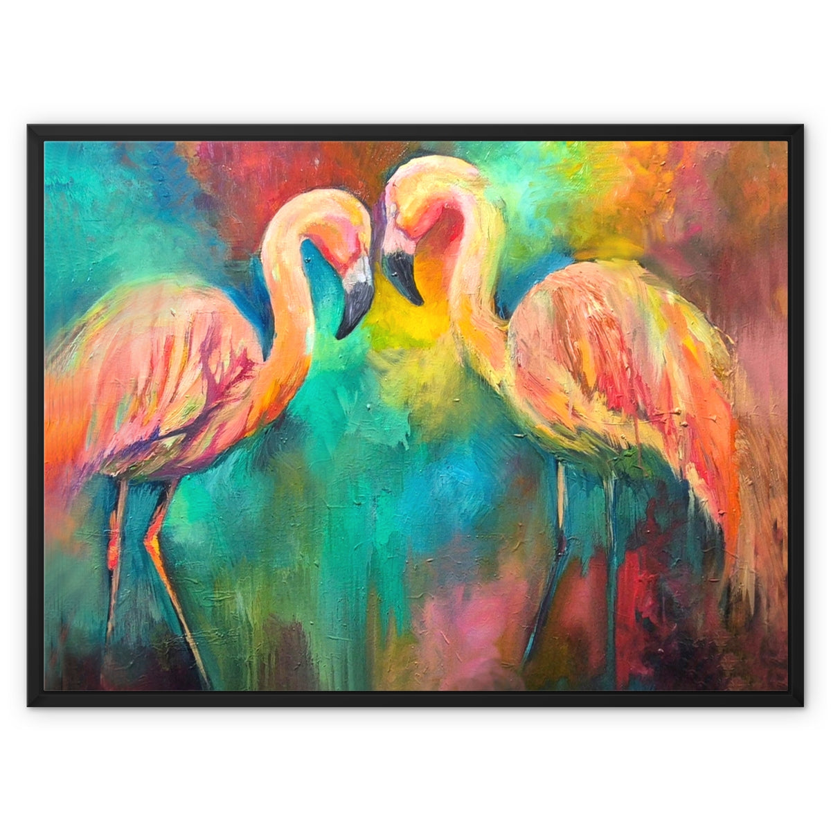 Flamingo Dancers Framed Canvas - Susan Gardner Uk Wildlife Art - Leicestershire UK