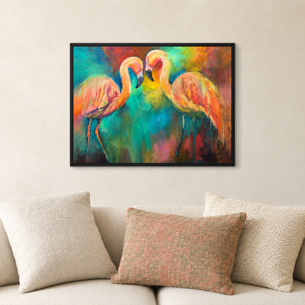 A framed colorful painting of two flamingos hanging on a beige wall above a sofa with neutral-toned pillows.