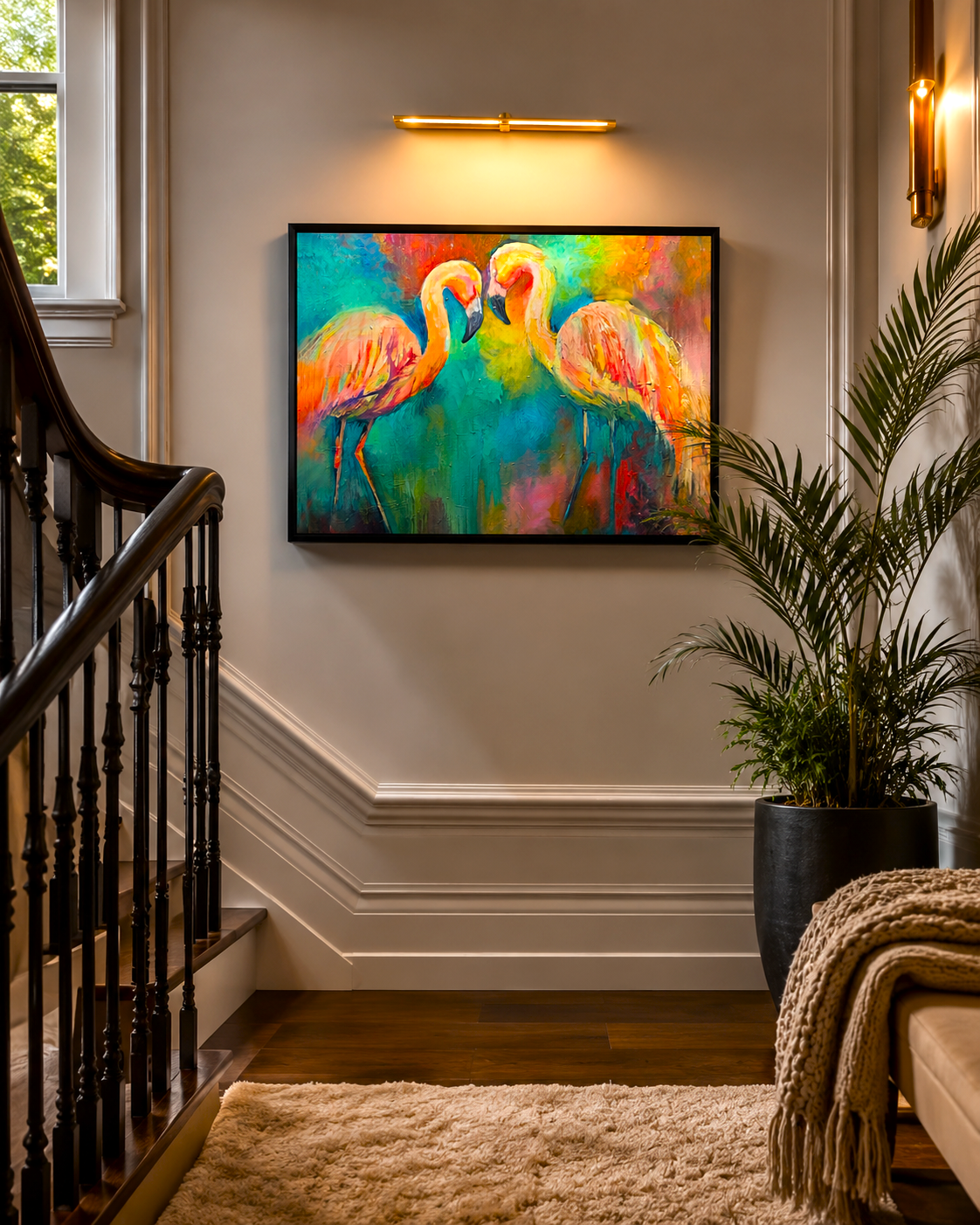Colorful flamingo painting on a wall in a home interior with a staircase and plant.