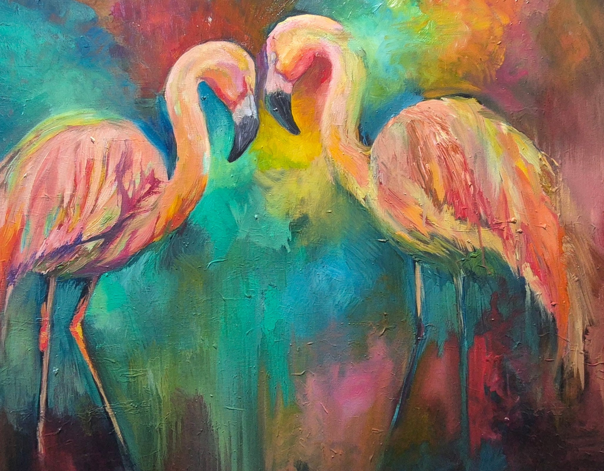 'Tropical Dancers' - Original Flamingo Oil Painting - 80 x 100 cm/30 x 40 " - Animal Art by Susan Gardner - Contemporary Expressionist - Colourful Fine Art