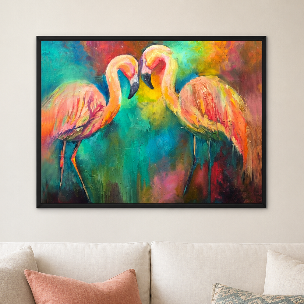 A framed colorful painting of two flamingos hanging on a light beige wall above a white sofa with decorative pillows.