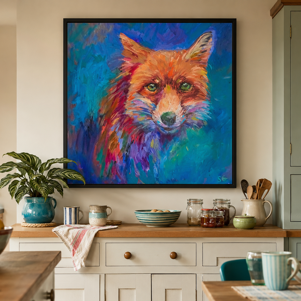 colourful fox canvas in a black frame and  in a kitchen setting
