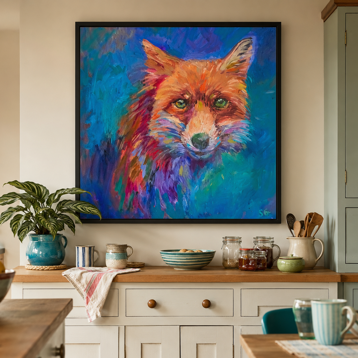 colourful fox canvas in a black frame and  in a kitchen setting
