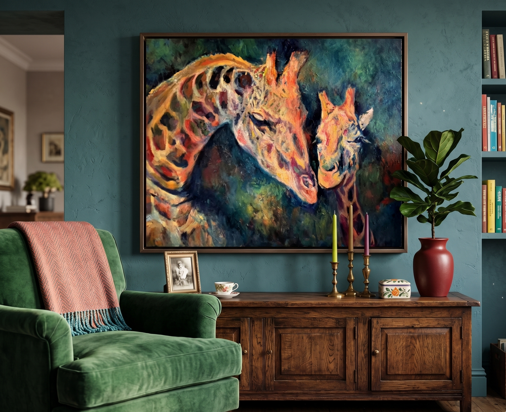 Living room with a large abstract painting of two giraffes, green armchair, wooden cabinet, and decorative items.