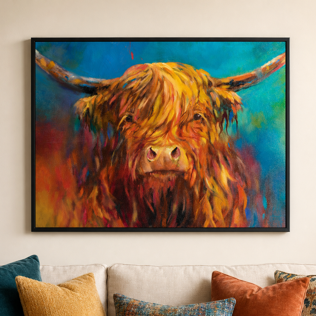 A framed colorful painting of a Highland cow hangs on a beige wall above a white sofa with multiple decorative throw pillows.
