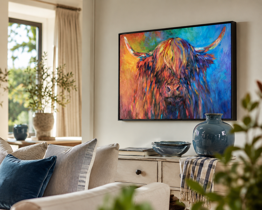 A colorful framed wall art print depicting a Highland cow in vibrant brushstrokes of blue, orange, yellow, and red, displayed in a styled living room setting above a console table.