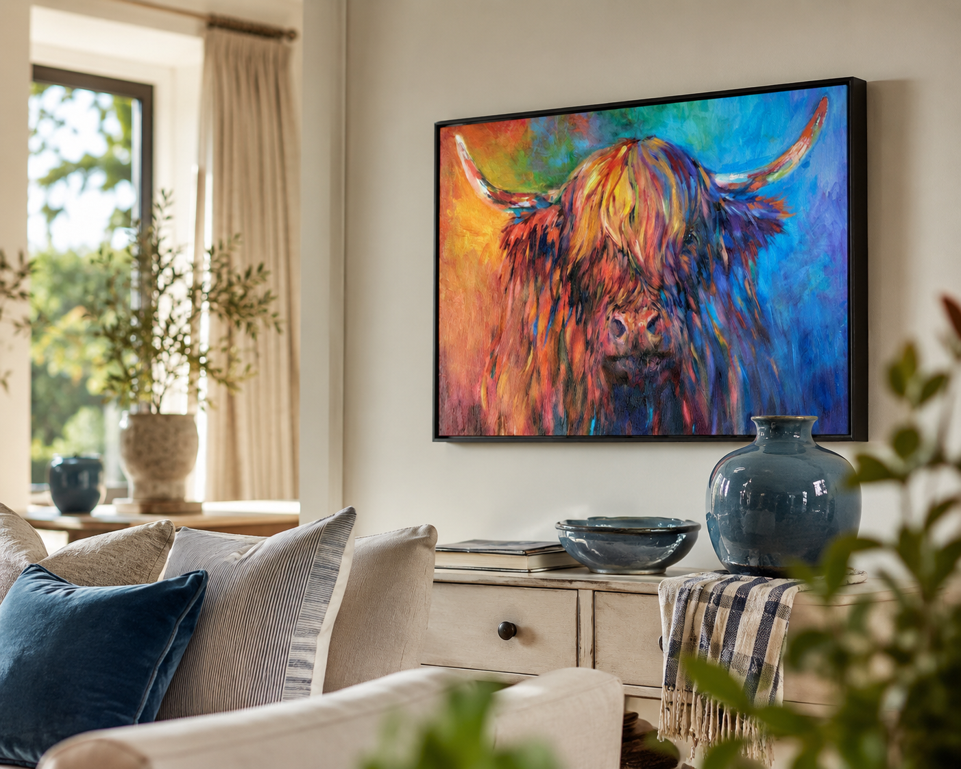 A colorful framed wall art print depicting a Highland cow in vibrant brushstrokes of blue, orange, yellow, and red, displayed in a styled living room setting above a console table.