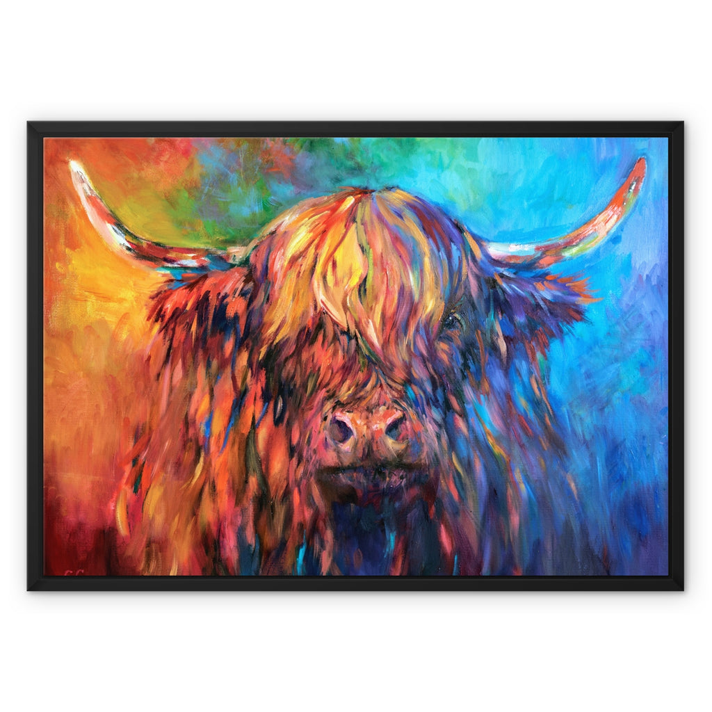 A framed colorful painting of a Highland cow, featuring expressive brushstrokes in blue, orange, yellow, red, and purple, presented in a black frame against a white background.