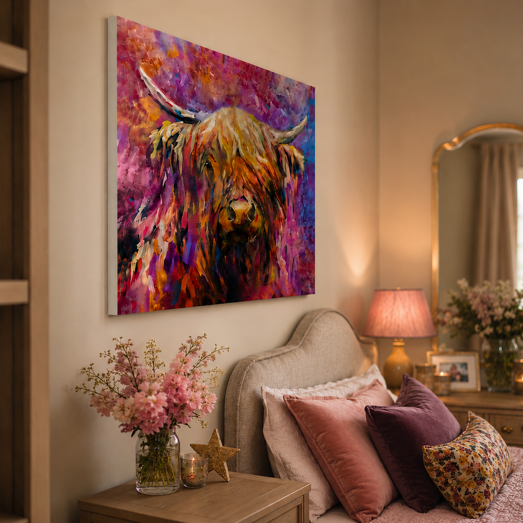 A colorful canvas wall art print depicting a Highland cow in an expressive, textured painting style, shown hanging on a beige wall in a cozy, warmly lit bedroom setting.