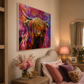 A colorful canvas wall art print depicting a Highland cow in an expressive, textured painting style, shown hanging on a beige wall in a cozy, warmly lit bedroom setting.