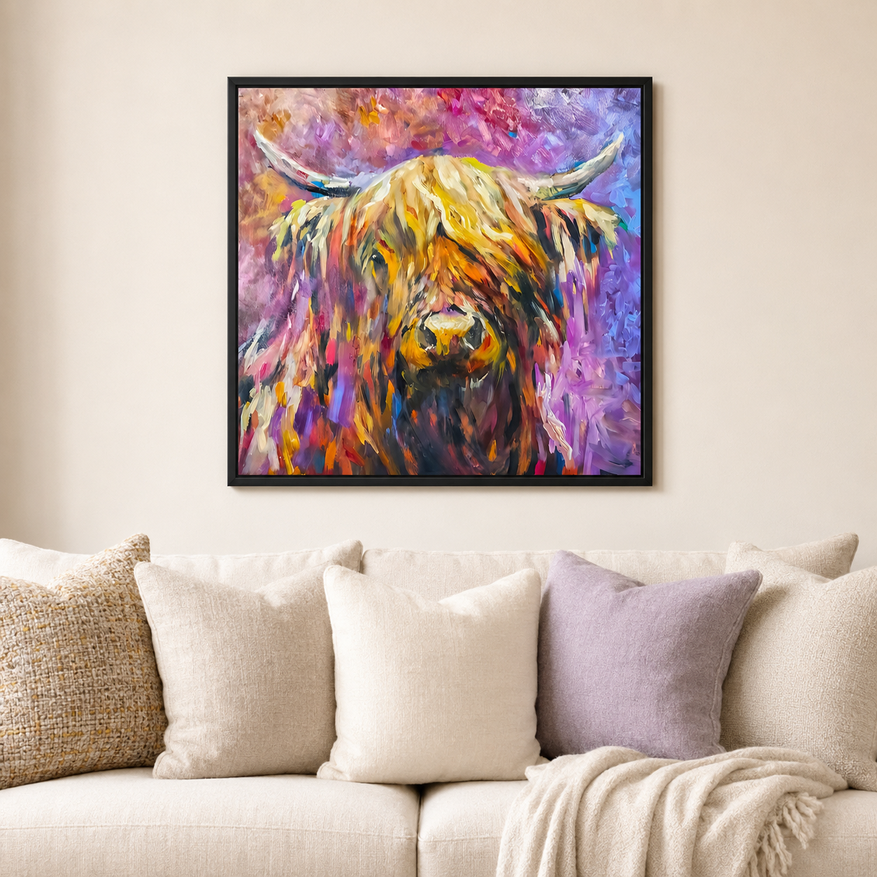 A colorful framed painting of a Highland cow hangs on a beige wall above a cream sofa with decorative pillows and a throw blanket.