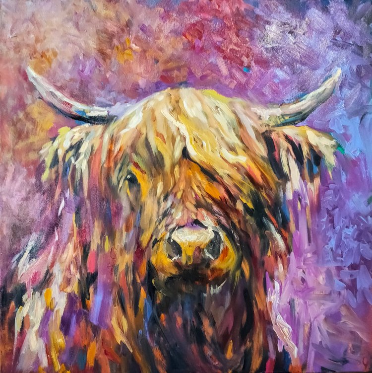 *Sold 'Glenshee' - Original Highland Cow Oil Painting - 30 x 30 "/ 76 x 76 cm - Animal Art by Susan Gardner - Contemporary Expressionist - Colourful Fine Art