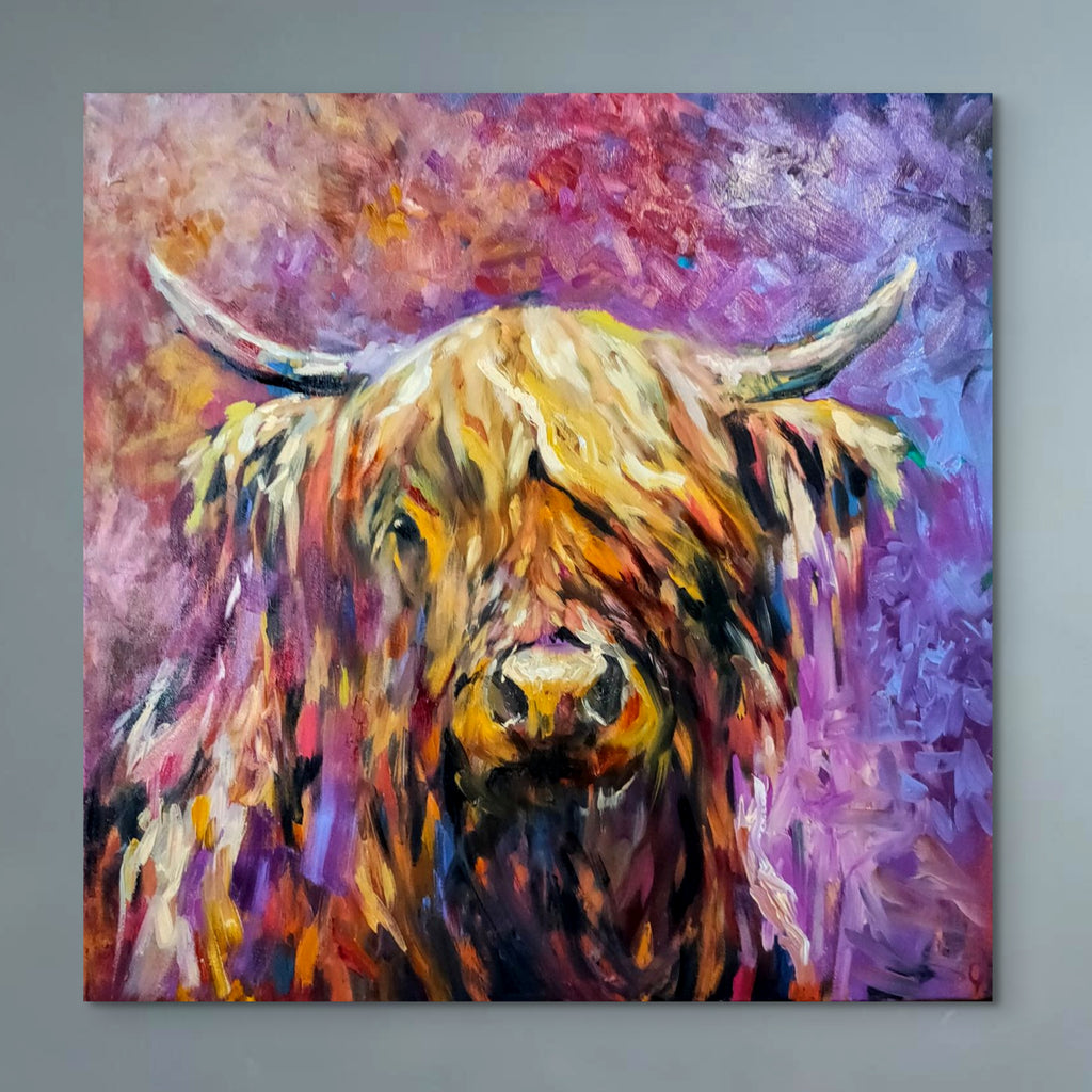 *Sold 'Glenshee' - Original Highland Cow Oil Painting - 30 x 30 "/ 76 x 76 cm - Animal Art by Susan Gardner - Contemporary Expressionist - Colourful Fine Art