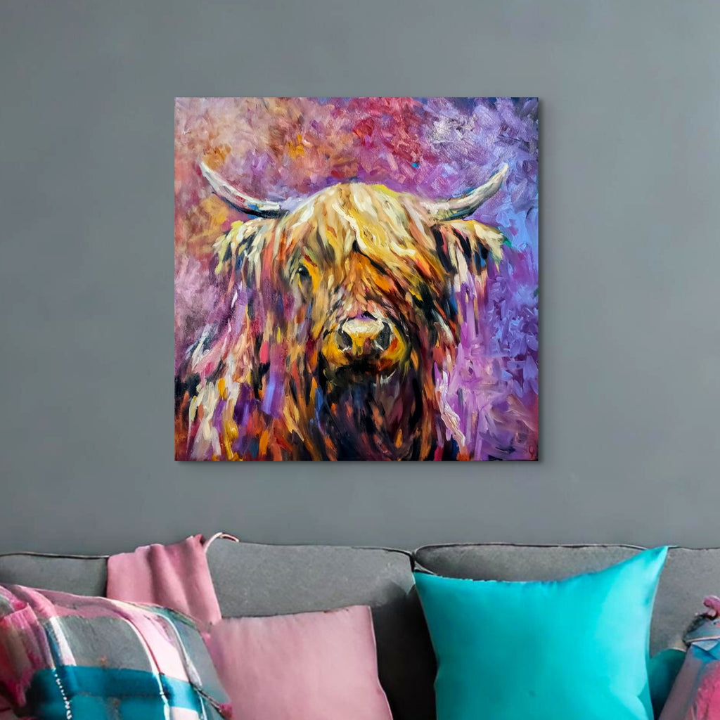 *Sold 'Glenshee' - Original Highland Cow Oil Painting - 30 x 30 "/ 76 x 76 cm - Animal Art by Susan Gardner - Contemporary Expressionist - Colourful Fine Art