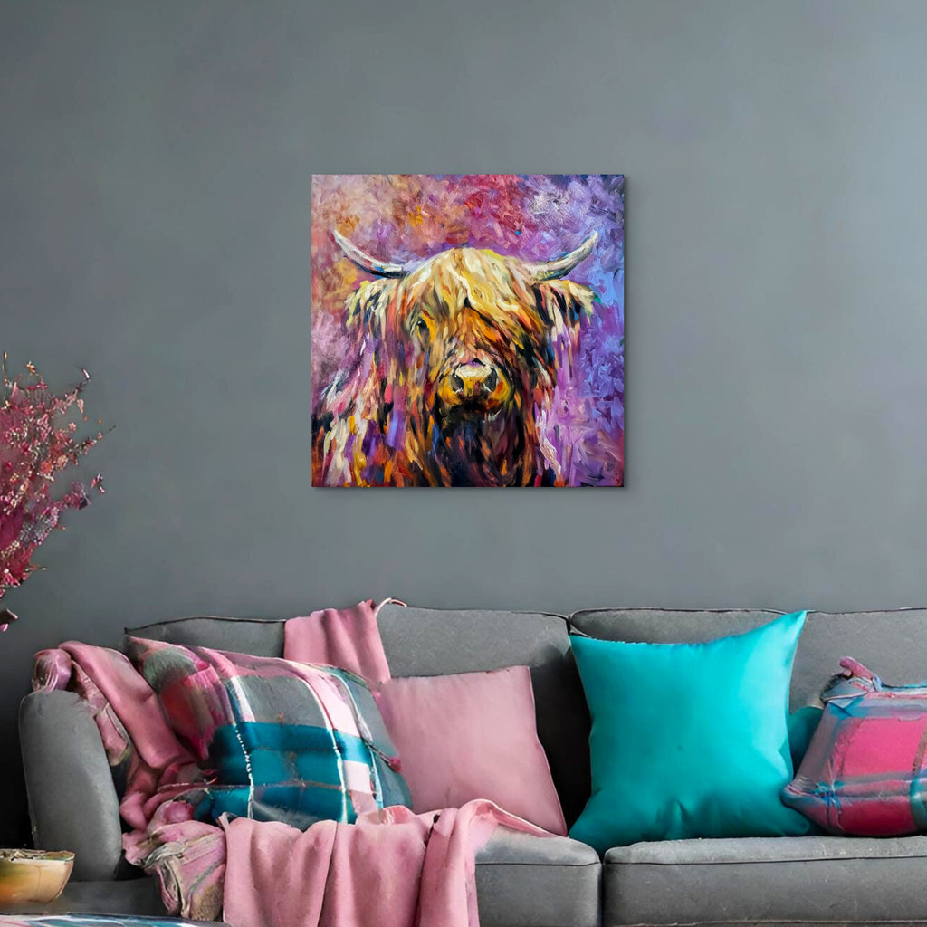 *Sold 'Glenshee' - Original Highland Cow Oil Painting - 30 x 30 "/ 76 x 76 cm - Animal Art by Susan Gardner - Contemporary Expressionist - Colourful Fine Art