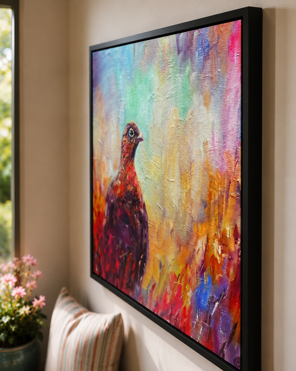 Colorful abstract painting of a bird on a wall with a couch and plant in the foreground.