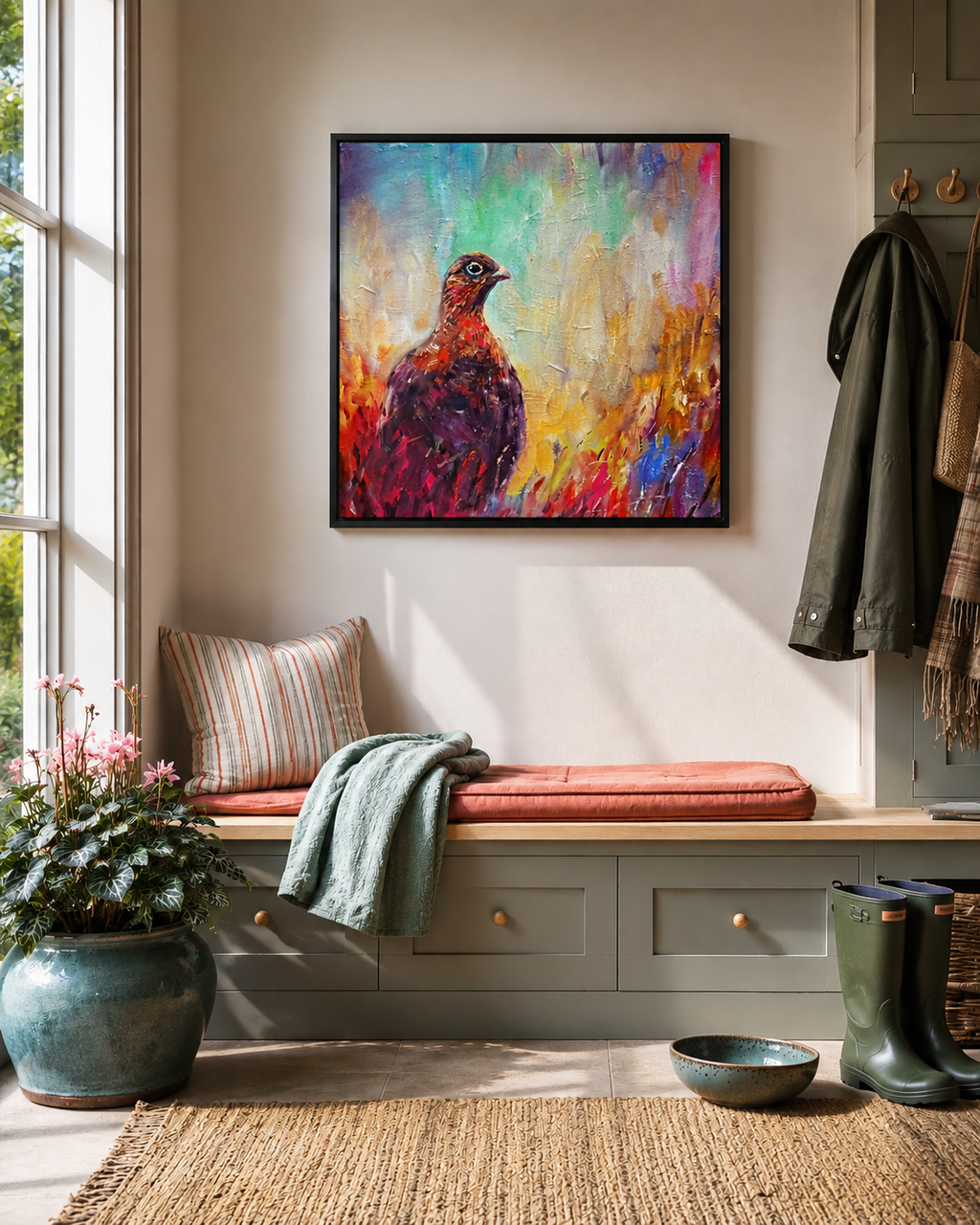 Colorful abstract painting of a bird above a bench in a home entryway.