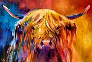 *Sold 'Aberdour' Original Highland cow Oil Panting - 61 x 91 cm - Animal Art by Susan Gardner - Contemporary Expressionist - Colourful Fine Art