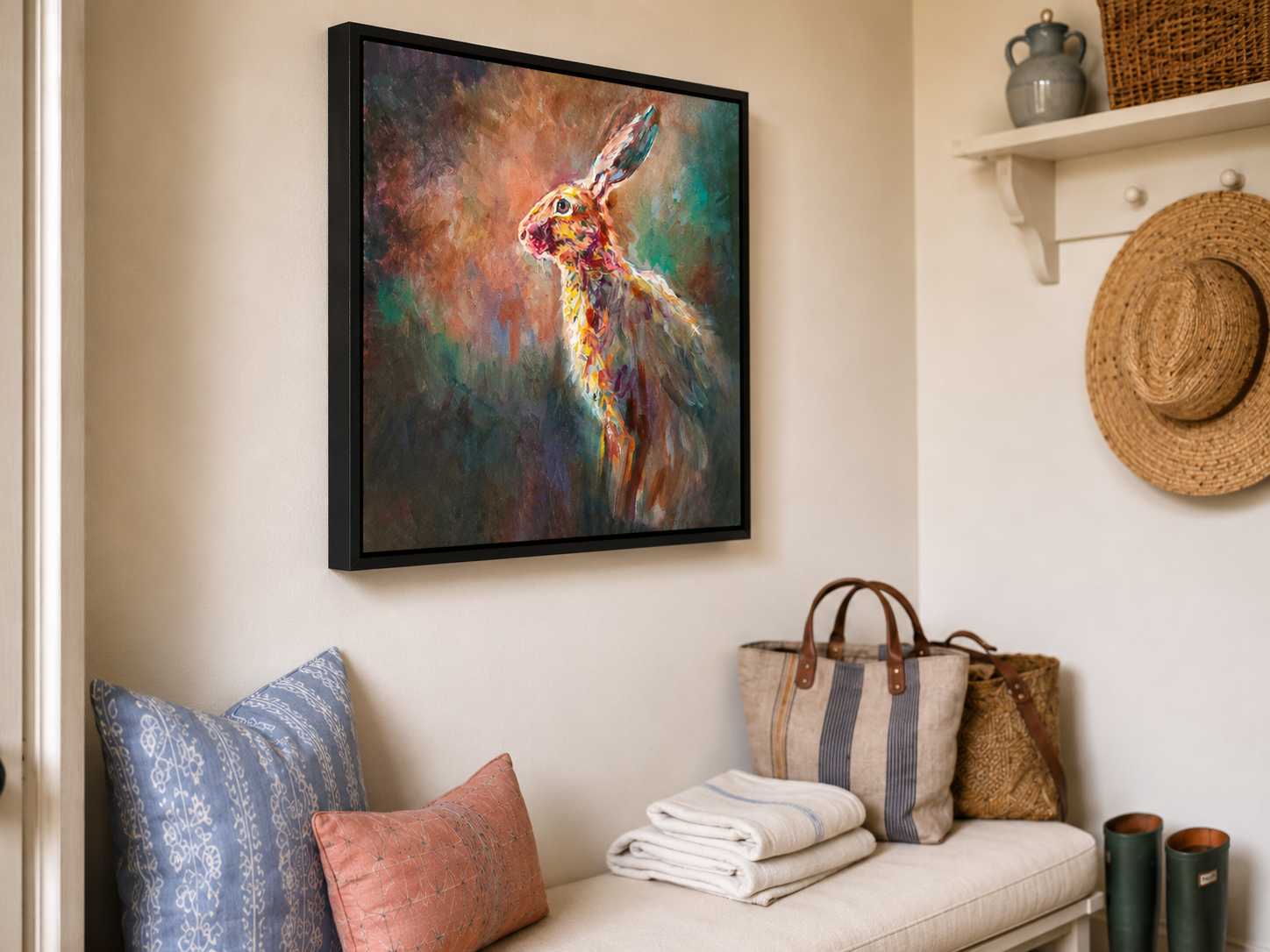 Framed colorful painting of a rabbit on a wall above a bench with cushions and bags.