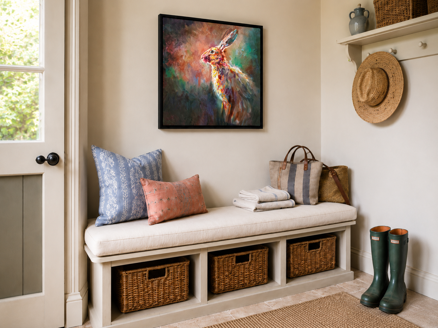 Entryway with a bench, pillows, and shoes, featuring a colorful rabbit painting on the wall.