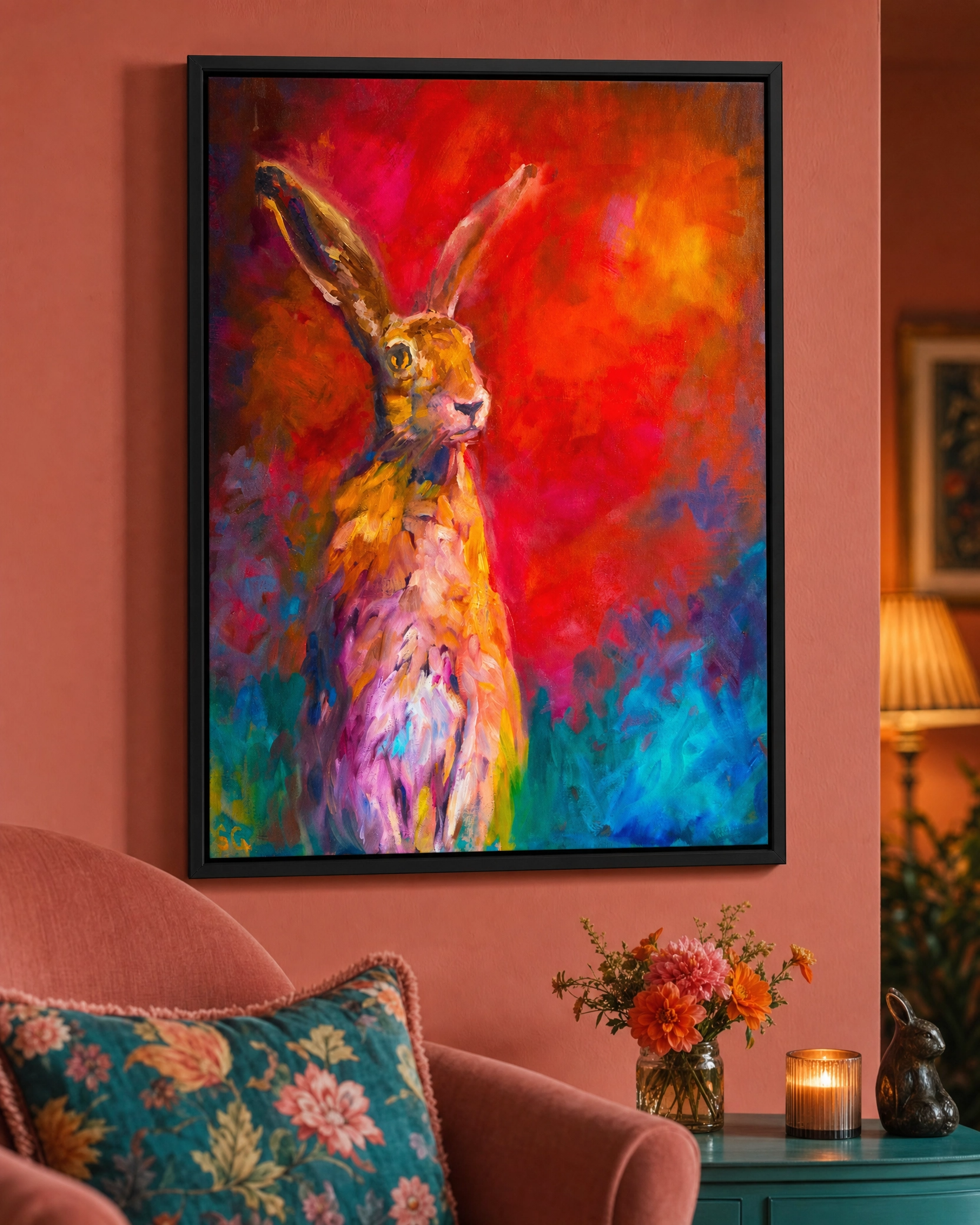 Cozy reading nook with a colorful armchair, childrens books, and a vibrant painting on the wall