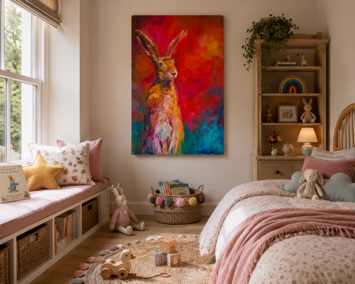Children's bedroom with colorful rabbit painting on the wall