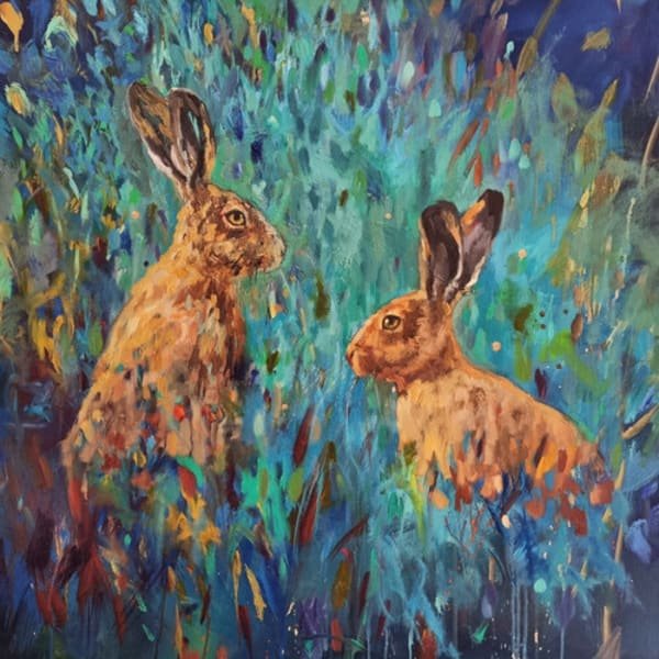 Original Oil Painting -  Wide Awake Hares- 76 x 76 cm - - susan gardner - uk artist - colourful animal art