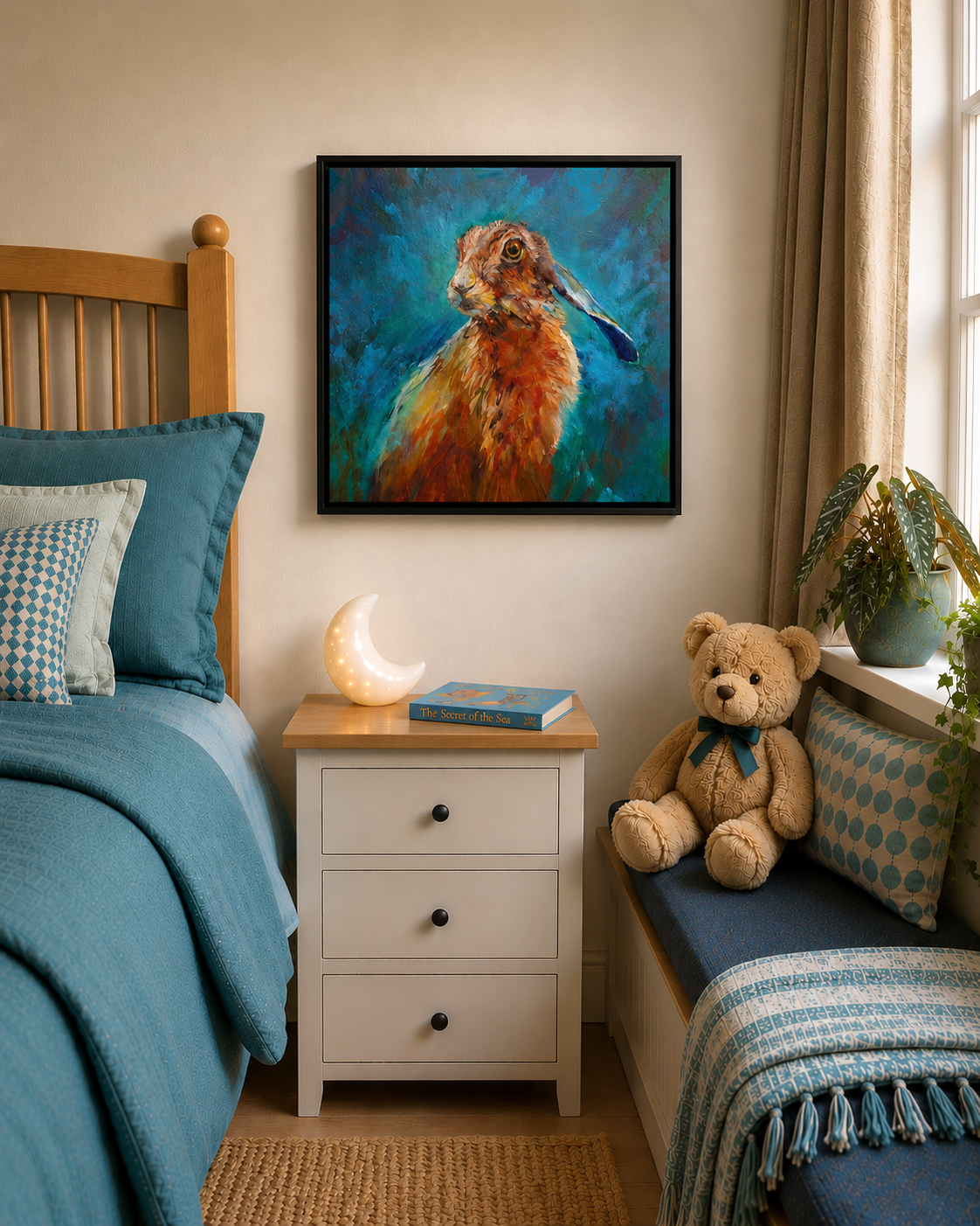 Bedroom with blue bedding, a teddy bear, and a painting of a hare on the wall.