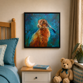 A framed painting of a hare in warm orange-brown tones against a blue background, displayed on a beige wall above a bedside table in a styled bedroom setting.